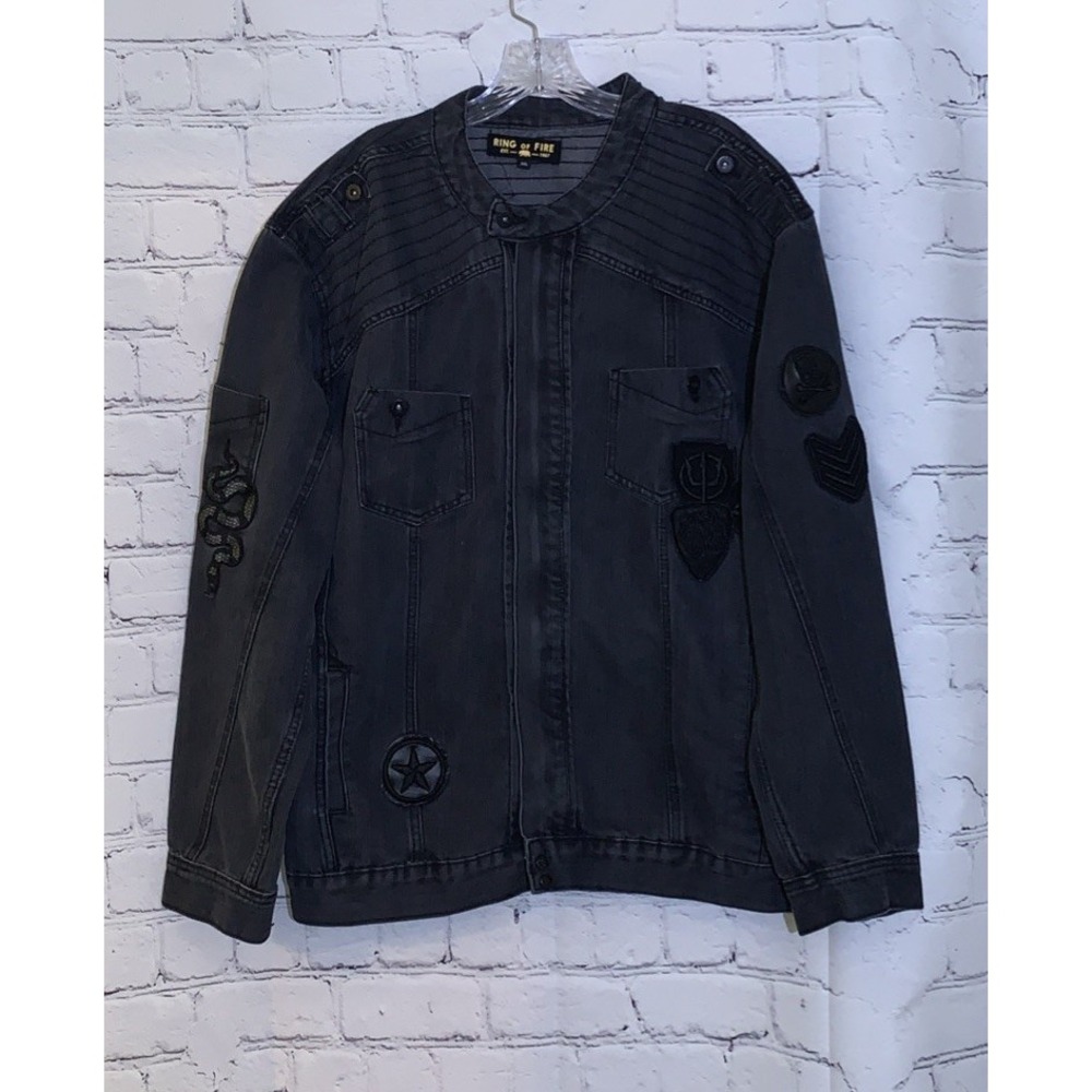 Ring of Fire Jean Jacket Men's XXL Full Zip Patches Black Denim